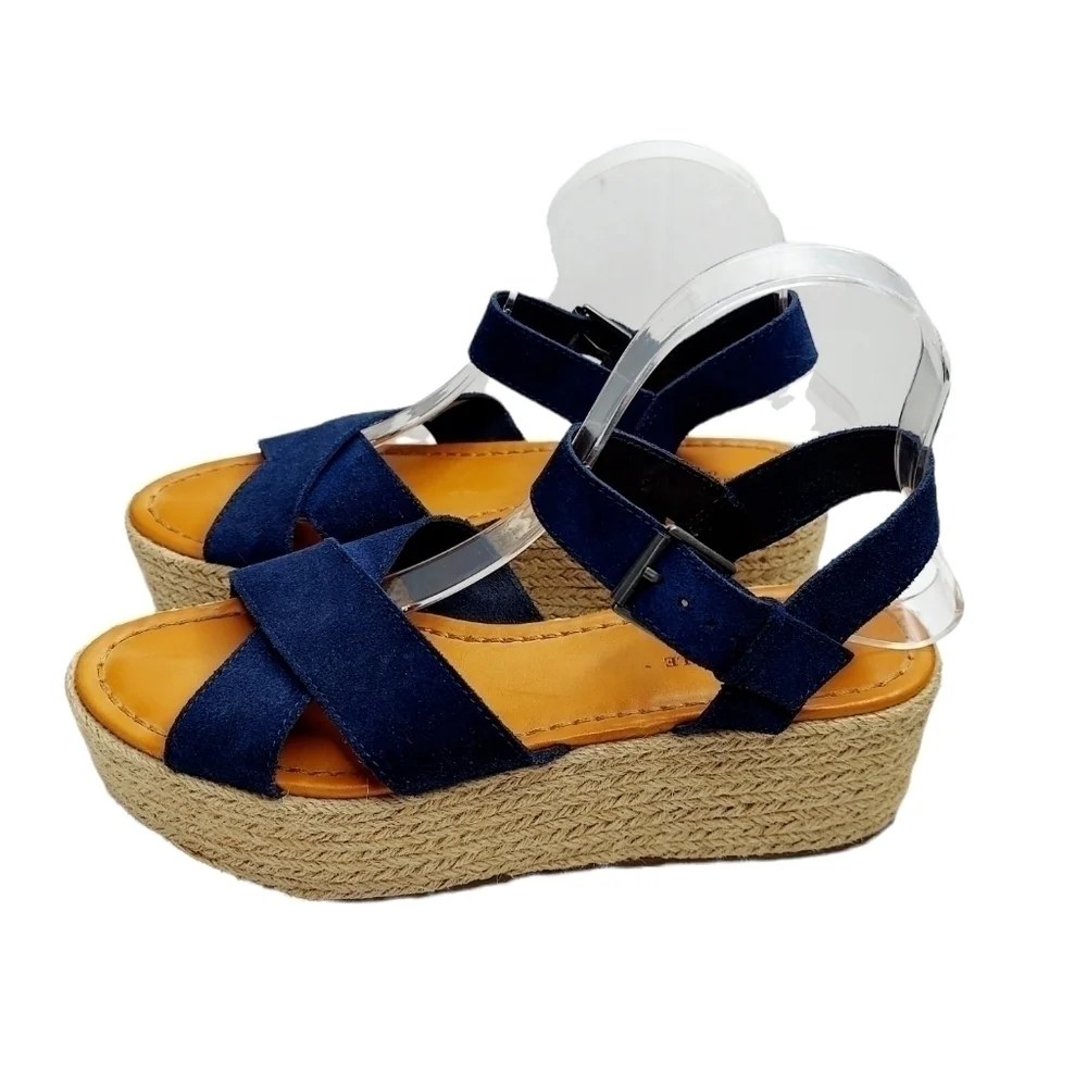 American Eagle Women's Size 9 Espadrille Sandal Platform Strappy Navy Suede EUC - Picture 2 of 13